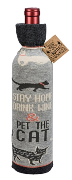 PRIMITIVES BY KATHY ALCOHOL WINE BOTTLE SOCK ‘STAY HOME, DRINK WINE & PET THE CAT’ - Novelty Socks for Less