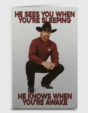 CHUCK NORRIS Christmas Greeting Card HE SEES YOU WHEN YOU’RE SLEEPING - Novelty Socks And Slippers