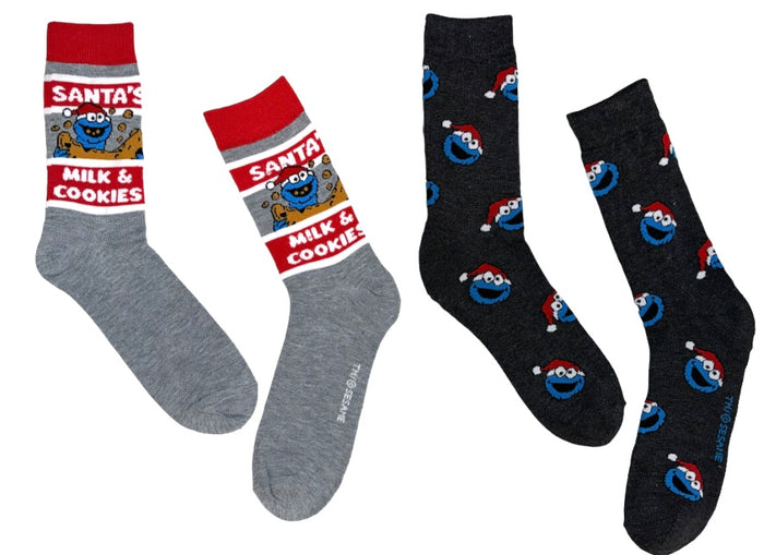 SESAME STREET Men’s 2 Pair Of COOKIE MONSTER CHRISTMAS Socks 'SANTA'S MILK & COOKIES'