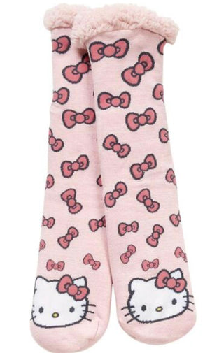 SANRIO HELLO KITTY Ladies Sherpa Lined Gripper Bottom Slipper Socks With Hello Kitty Bows All Over - Novelty Socks And Slippers