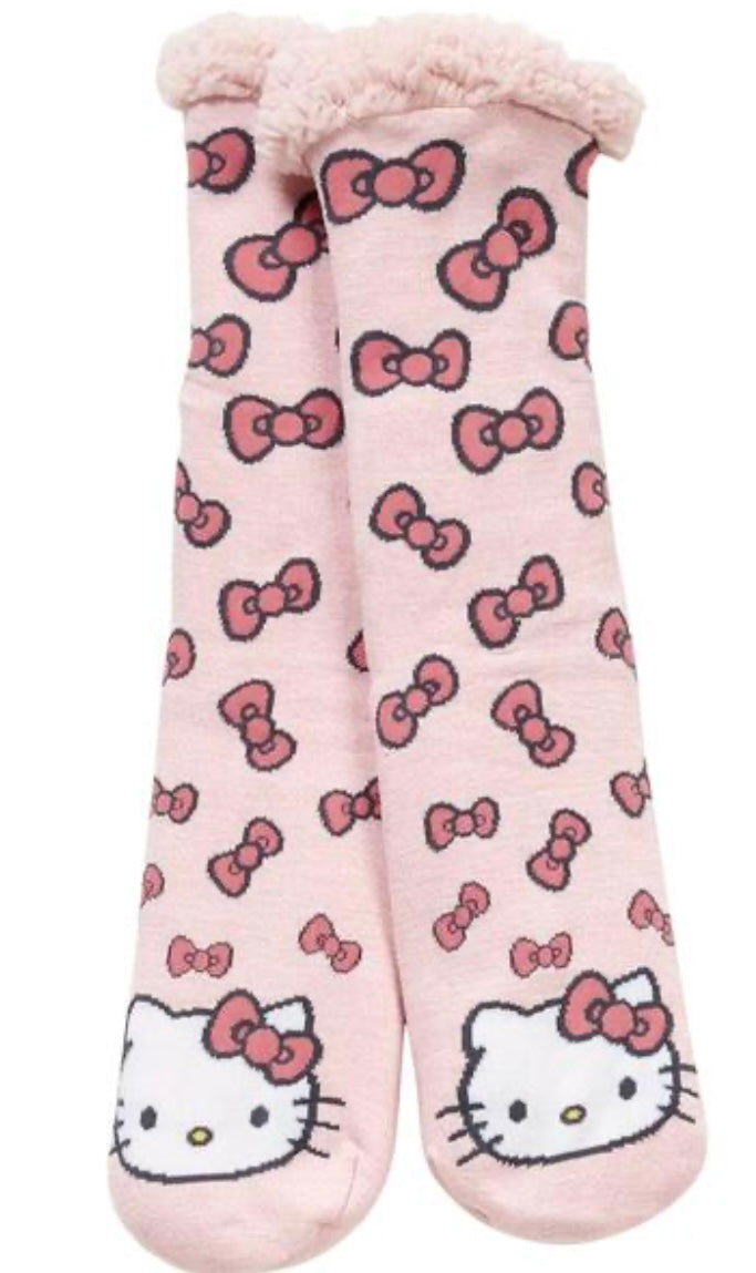 SANRIO HELLO KITTY Ladies Sherpa Lined Gripper Bottom Slipper Socks With Hello Kitty Bows All Over