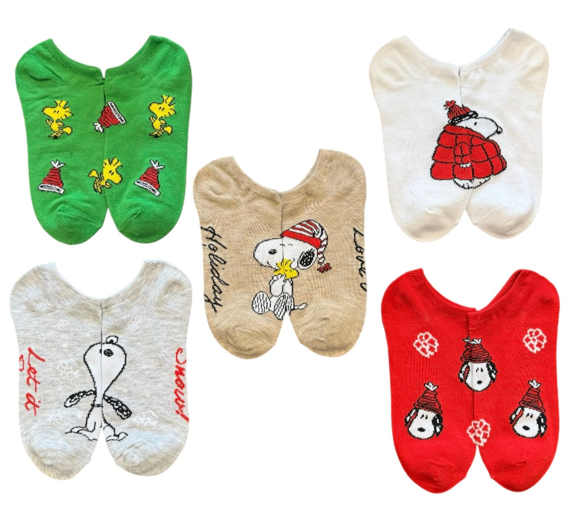 PEANUTS Ladies 5 Pair Of CHRISTMAS No Show Socks SNOOPY & WOODSTOCK ‘HOLIDAY LOVE’ - Novelty Socks And Slippers