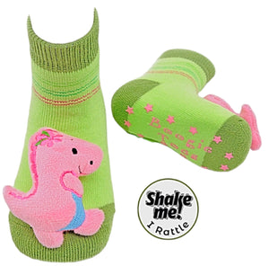 BOOGIE TOES Unisex Baby PINK T-REX DINOSAUR Rattle Gripper Bottom Socks By PIERO LIVENTI - Novelty Socks for Less