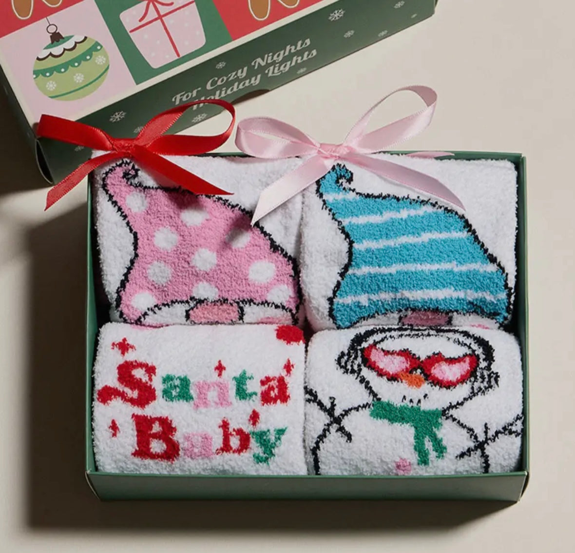 CUTE CHRISTMAS GNOMES Ladies 4 Pair Of Fuzzy Socks Gift Set - Novelty Socks And Slippers