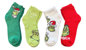 Dr. Seuss The Grinch Whole Stole Christmas Ladies 4 Pair Of Fuzzy Plush Socks BIOWORLD Brand - Novelty Socks And Slippers