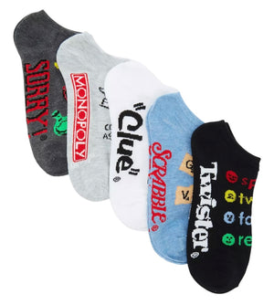 HASBRO GAMES Ladies 5 Pair No Show Socks OPERATION, CANDYLAND, TWISTER, CLUE