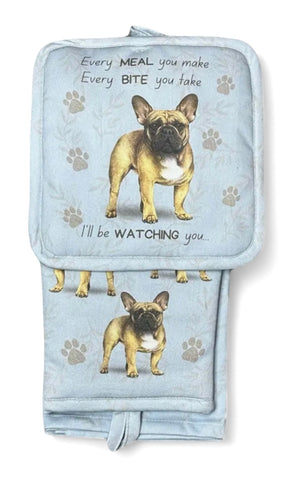 FRENCH BULLDOG 3 Piece Oven Mitt & Tea Towel Set By E&S Pets - Novelty Socks And Slippers