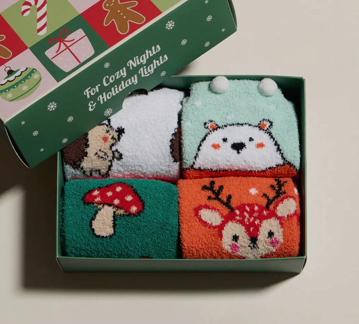 CUTE HEDGEHOG Ladies 4 Pair Of Christmas Fuzzy Socks Gift Set