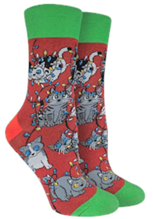 GOOD LUCK SOCK Brand Ladies CHRISTMAS LIGHT CATS Socks - Novelty Socks for Less