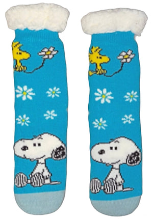 PEANUTS Ladies SNOOPY Sherpa Lined Gripper Bottom Slipper Socks With WOODSTOCK & DAISIES - Novelty Socks And Slippers