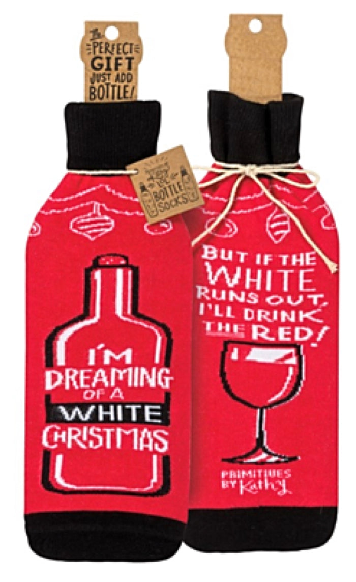 PRIMITIVES BY KATHY CHRISTMAS ALCOHOL WINE BOTTLE SOCK ‘I’M DREAMING OF A WHITE CHRISTMAS’