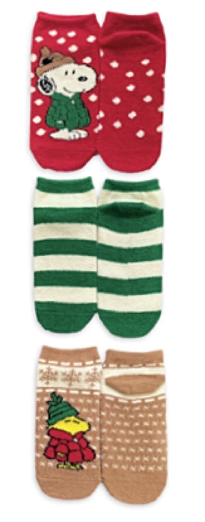 PEANUTS Ladies CHRISTMAS 3 Pair Of Cozy Plush Low Cut Socks SNOOPY & WOODSTOCK - Novelty Socks for Less