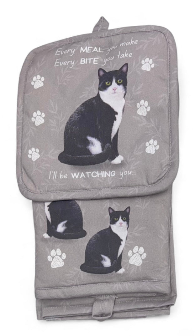 BLACK & WHITE TUXEDO Cat 3 Piece Oven Mitt & Tea Towel Set By E&S Pets
