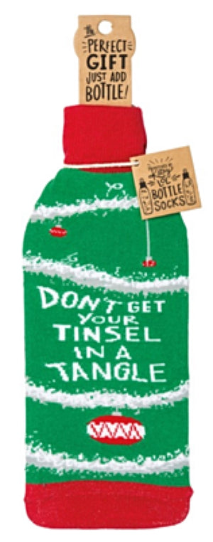 PRIMITIVES BY KATHY CHRISTMAS ALCOHOL WINE BOTTLE SOCK ‘DON’T GET YOUR TINSEL IN A TANGLE’ - Novelty Socks for Less