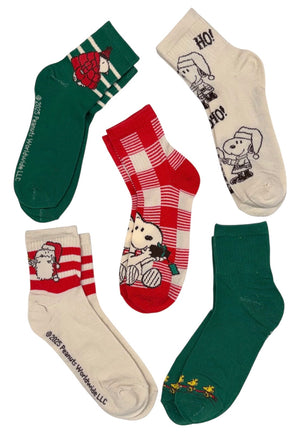PEANUTS Ladies CHRISTMAS 5 Pair Of Socks SNOOPY & WOODSTOCK - Novelty Socks And Slippers