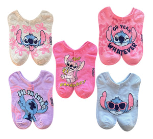 DISNEY STITCH Ladies 5 Pair No Show Socks ANGEL ‘Oh Yeah Whatever’ - Novelty Socks And Slippers