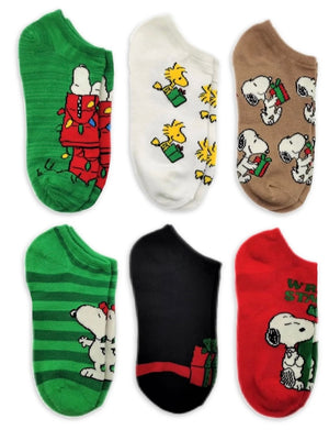 Peanuts Ladies CHRISTMAS 6 Pair Of No Show Socks SNOOPY & WOODSTOCK