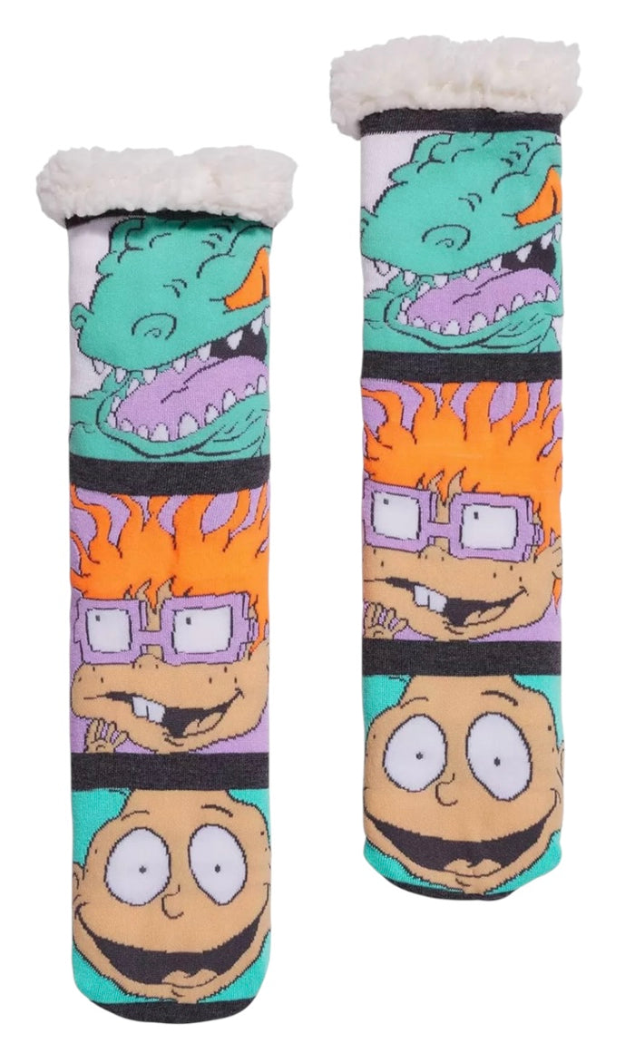 NICKELODEON RUGRATS LADIES SHERPA LINED GRIPPER BOTTOM SLIPPER SOCKS REPTAR, CHUCKIE