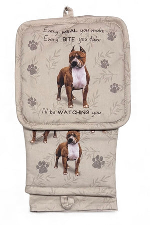 PIT BULL Dog 3 Piece Oven Mitt & Tea Towel Set By E&S Pets - Novelty Socks And Slippers