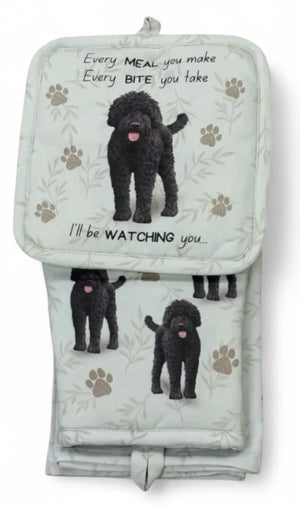BLACK LABRADOODLE Dog 3 Piece Oven Mitt & Tea Towel Set By E&S Pets - Novelty Socks And Slippers