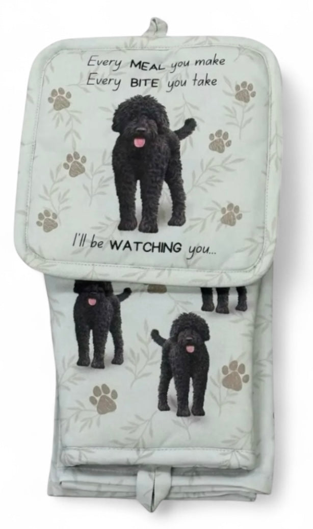 BLACK LABRADOODLE Dog 3 Piece Oven Mitt & Tea Towel Set By E&S Pets