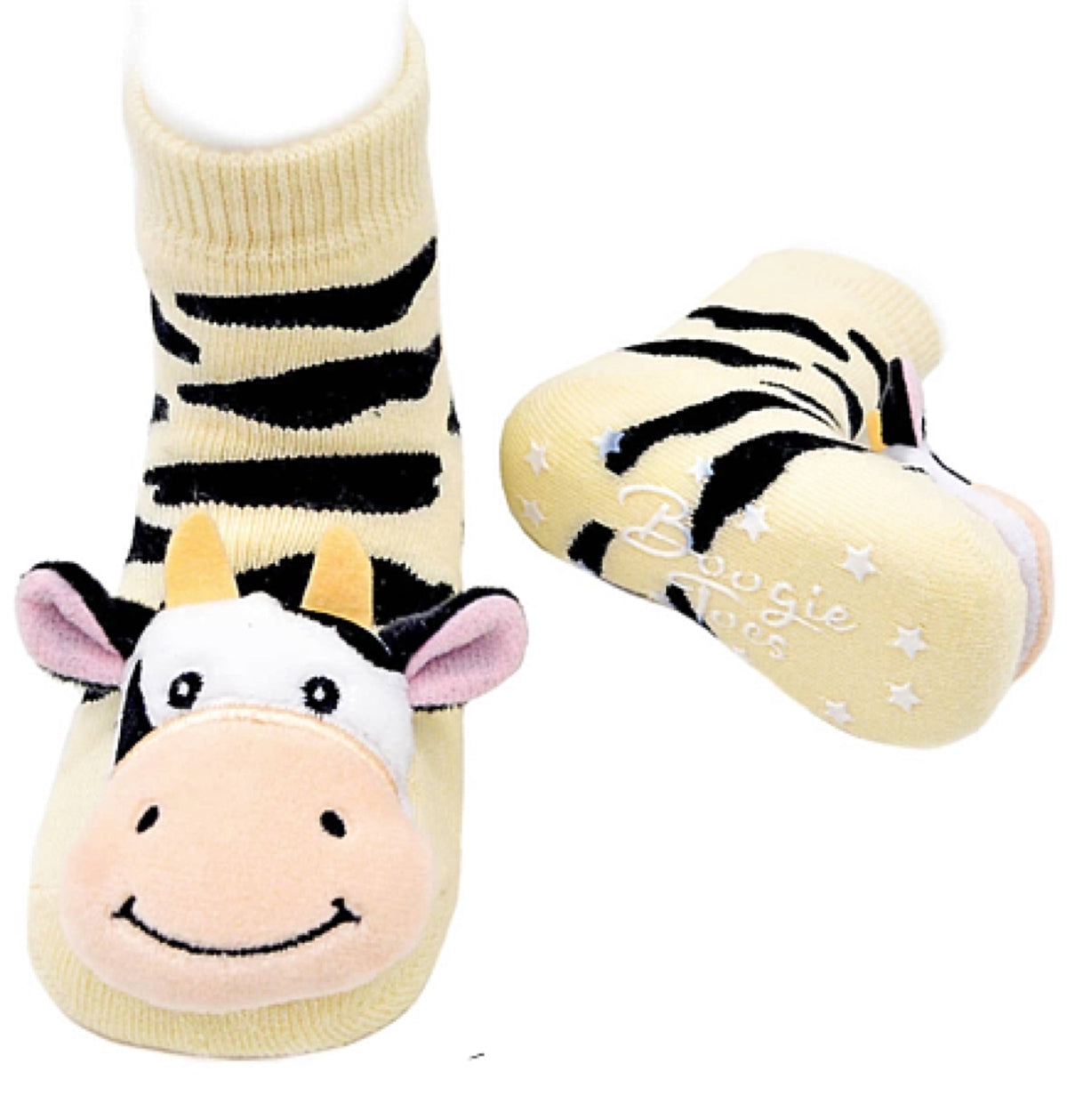 BOOGIE TOES Unisex Baby COW RATTLE GRIPPER BOTTOM SOCKS - Novelty Socks for Less