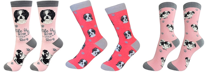 BLACK & WHITE SHIH TZU Dog Unisex Socks By E&S Pets CHOOSE SOCK DADDY, HAPPY TAILS, LIFE IS BETTER