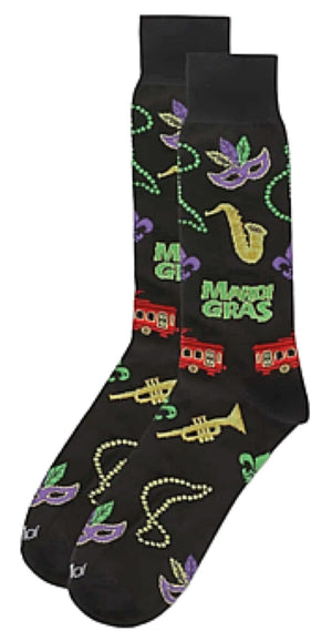 Memoi Brand Men’s MARDI GRAS Socks BEADS, SAXOPHONE, TROLLEY CARS & MASKS - Novelty Socks And Slippers