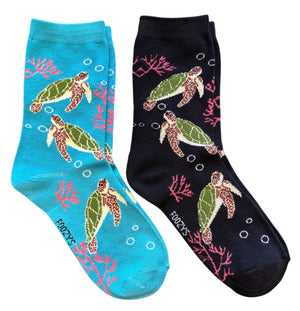 SEA TURTLE Ladies 2 Pair Of Socks SEA TURTLES ALL OVER FOOZYS Brand - Novelty Socks And Slippers