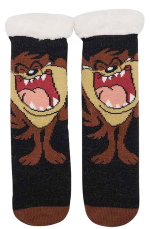 LOONEY TUNES Ladies TASMANIAN DEVIL SHERPA LINED GRIPPER BOTTOM SLIPPER SOCKS - Novelty Socks And Slippers