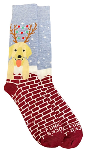 FUNKY SOCKS Brand Men’s CHRISTMAS DOG Socks DOG WEARING ANTLERS - Novelty Socks for Less