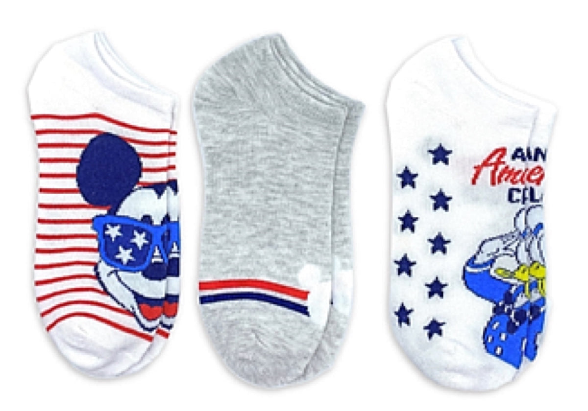 DISNEY Ladies PATRIOTIC 3 Pair Of MICKEY & DONALD No Show Socks - Novelty Socks for Less