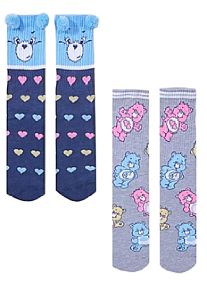 CARE BEARS Ladies 2 Pair Of Socks GRUMPY BEAR HEARTS ALL OVER With POMS