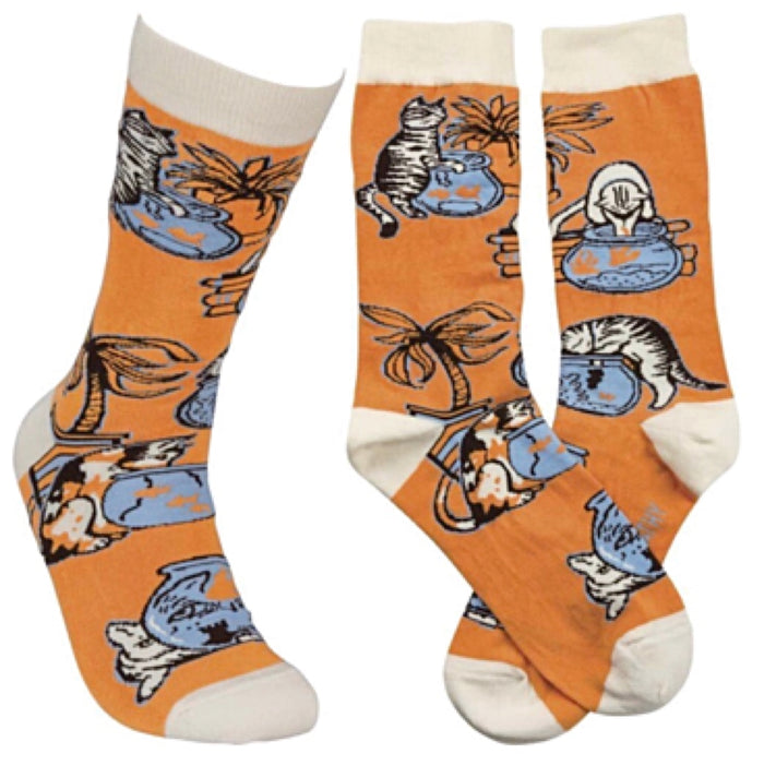 Primitives by Kathy Unisex CAT FISHING Socks CATS WITH FISH BOWL