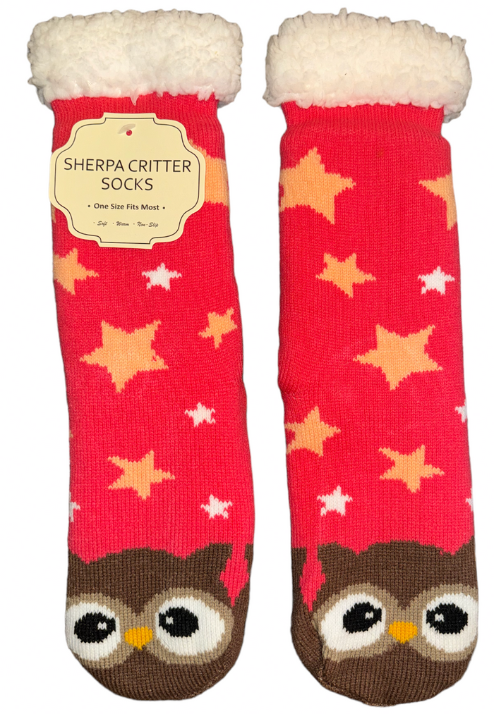 OWL Ladies Sherpa Lined Gripper Bottom Slipper Socks