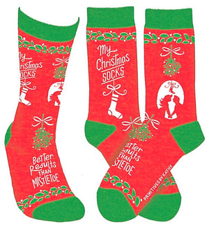 PRIMITIVES BY KATHY Unisex CHRISTMAS SOCKS, 'MY CHRISTMAS SOCKS BETTER THAN MISTLETOE’ - Novelty Socks for Less