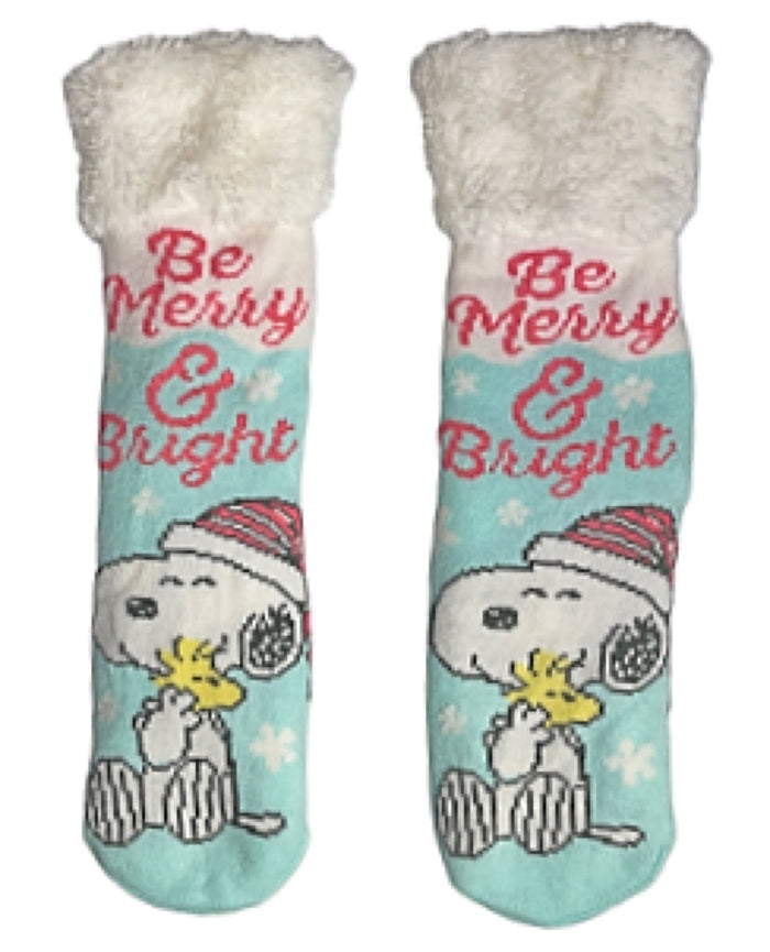 PEANUTS Ladies CHRISTMAS SNOOPY Sherpa Lined Gripper Slipper Socks ‘BE MERRY & BRIGHT’