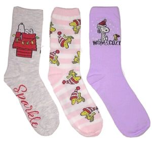 PEANUTS Ladies 3 Pair Of CHRISTMAS Socks SNOOPY & WOODSTOCK SAYS 'WARM & COZY' - Novelty Socks for Less