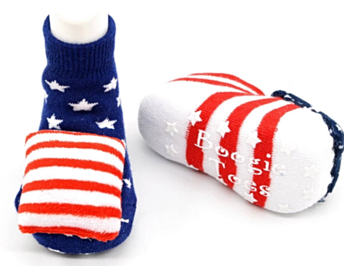 BOOGIE TOES Unisex Baby AMERICAN FLAG RATTLE GRIPPER BOTTOM SOCKS By PIERO LIVENTI