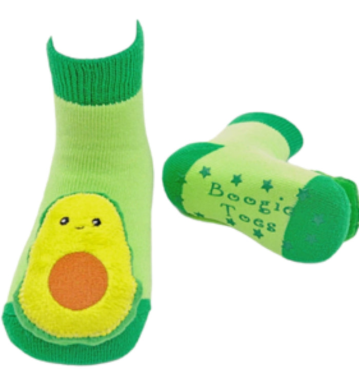 BOOGIE TOES Baby Unisex AVOCADO Rattle GRIPPER BOTTOM Socks By PIERO LIVENTI