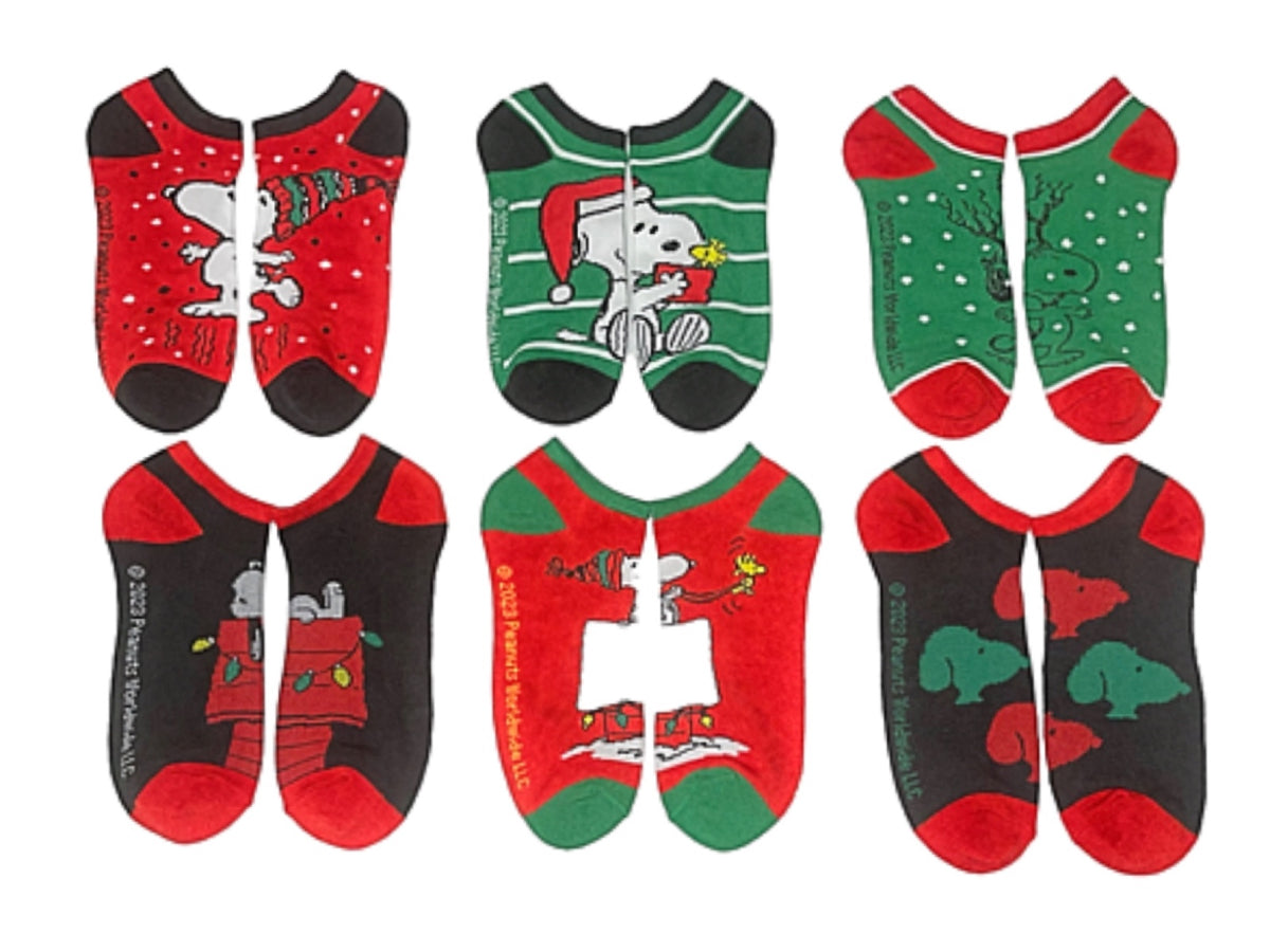 PEANUTS Ladies SNOOPY CHRISTMAS 6 Pair Of Ankle Socks With WOODSTOCK BIOWORLD Brand - Novelty Socks for Less