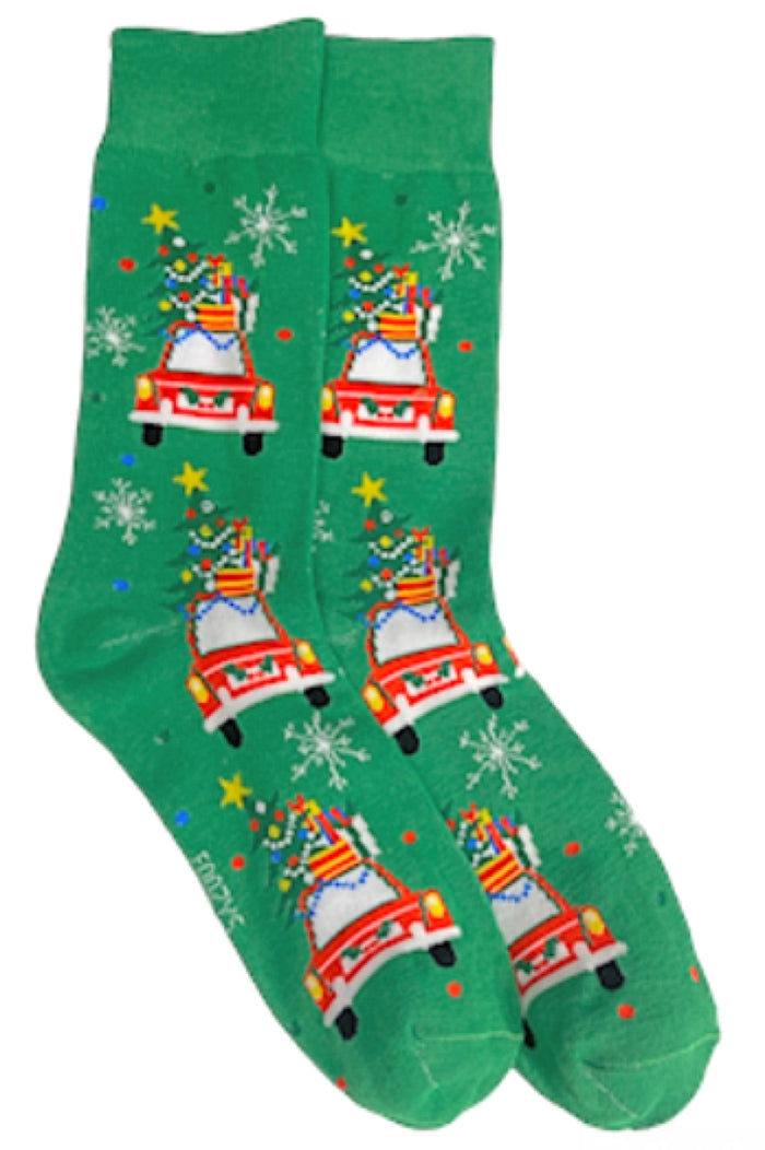 FOOZYS Brand Men’s CHRISTMAS Socks RED CAR With TREE & PRESENTS