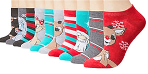 RUDOLPH THE RED-NOSED REINDEER LADIES 10 Pair Of Low Show CHRISTMAS SOCKS - Novelty Socks for Less