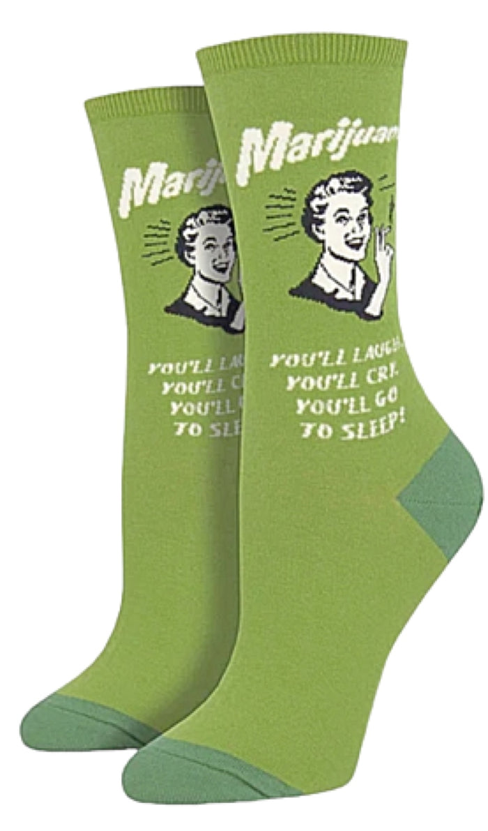 SOCKSMITH Brand Ladies MARIJUANA Socks ‘YOU’LL LAUGH, YOU’LL CRY, YOU’LL GO TO SLEEP’