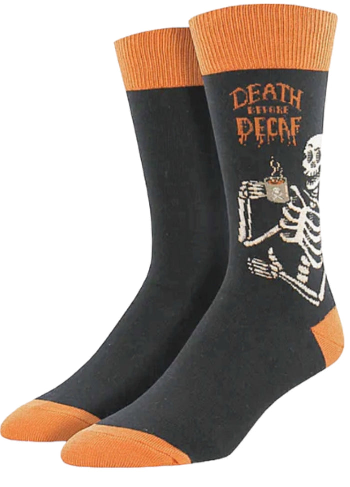 SOCKSMITH Brand Men’s DEATH BEFORE DECAF Socks With SKELETON
