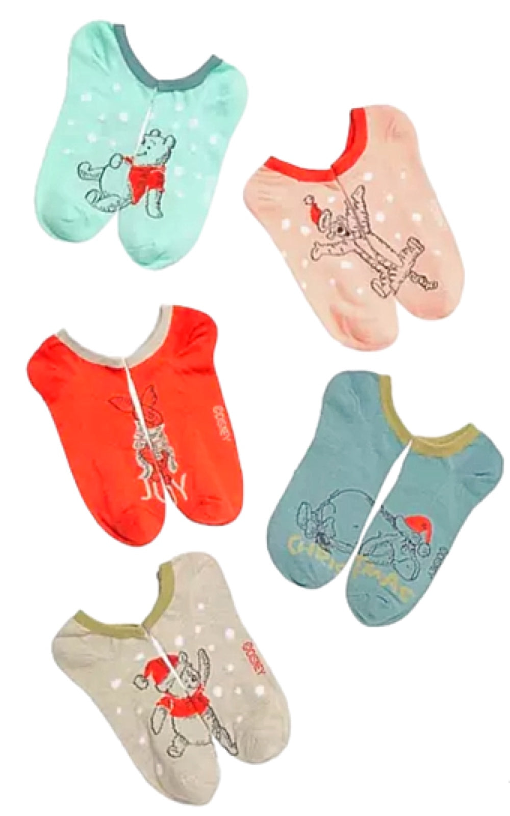 DISNEY WINNIE THE POOH Ladies CHRISTMAS 5 Pair Of No Show Socks