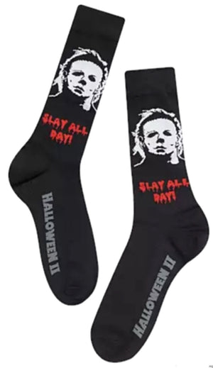 HALLOWEEN II MEN’S MICHAEL MYERS HALLOWEEN SOCKS Says 'SLAY ALL DAY' - Novelty Socks for Less