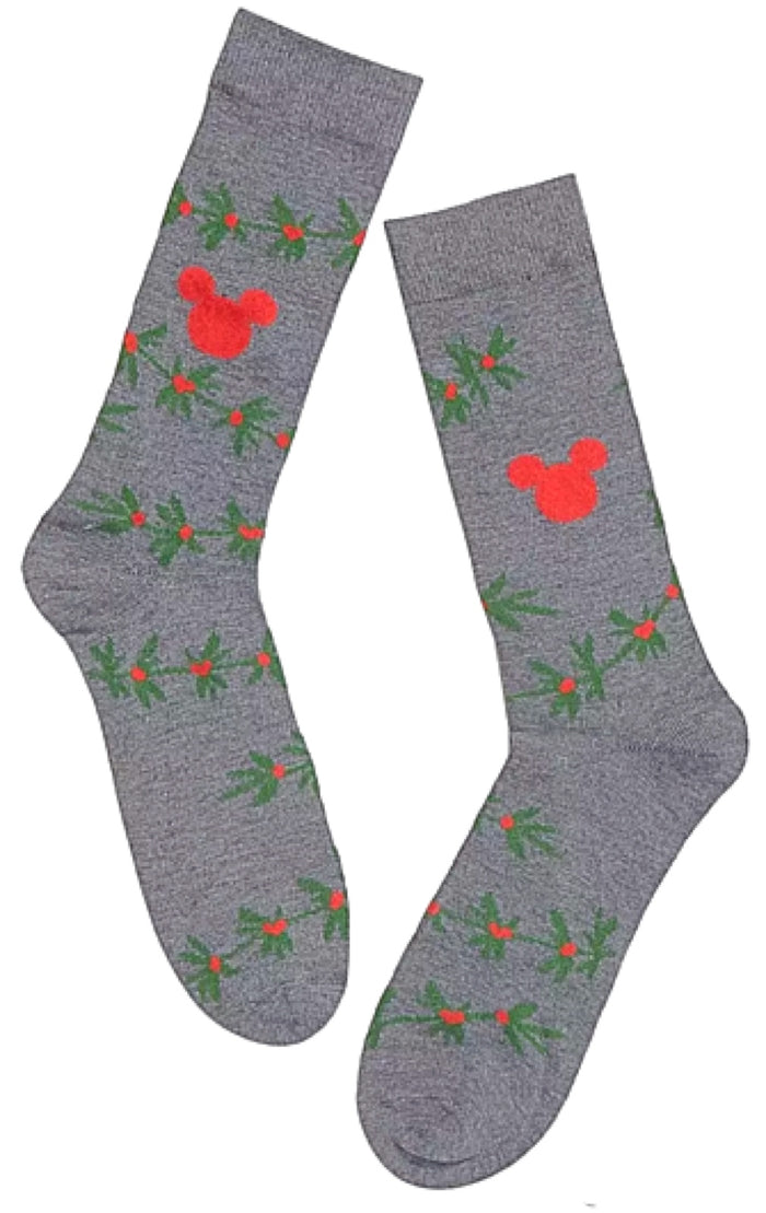 DISNEY MEN’S MICKEY MOUSE CHRISTMAS SOCKS WITH HOLLY LEAVES, BERRIES