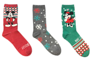 DISNEY Ladies CHRISTMAS 3 Pair Of Socks MICKEY & MINNIE MOUSE ‘FESTIVE CHEER’ - Novelty Socks for Less