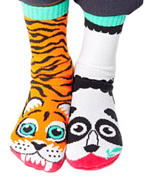 PALS SOCKS Brand Unisex Kids PANDA & TIGER MISMATCHED GRIPPER BOTTOM SOCKS (CHOOSE SIZE) - Novelty Socks for Less